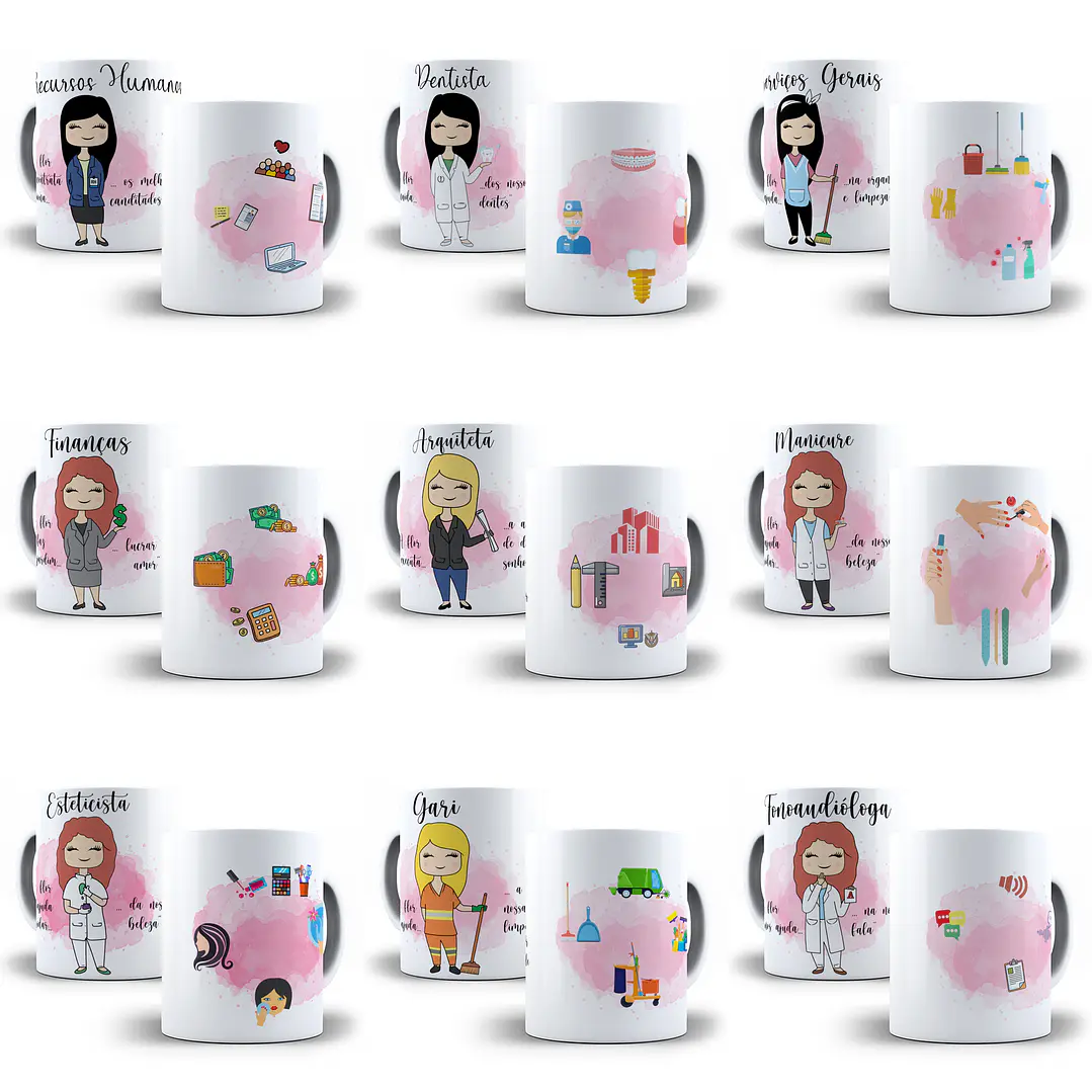64 Artes para Caneca Profissão Feminina Editável em Corel Draw 1