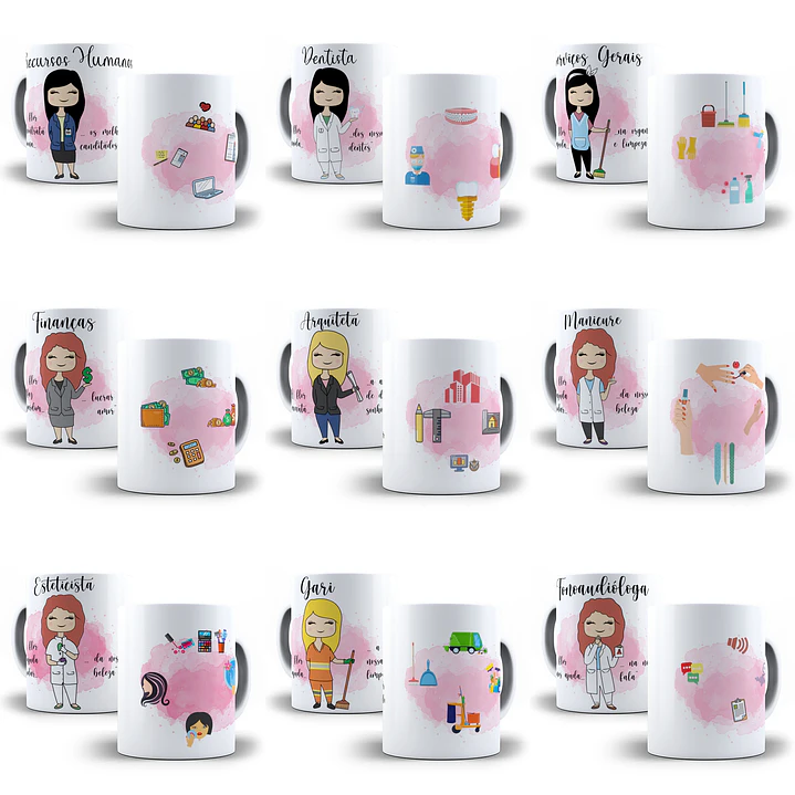 64 Artes para Caneca Profissão Feminina Editável em Corel Draw 1