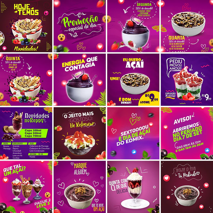 30 Artes Mídias Sociais Açai Editáveis Corel Draw 1