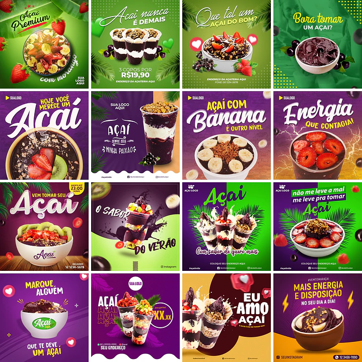 42 Artes Mídias Sociais Açaí Editáveis Photoshop 1