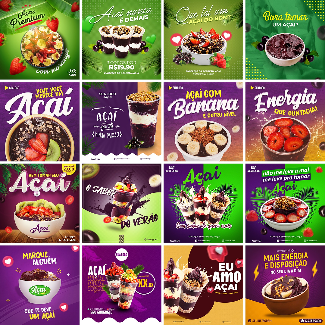 42 Artes Mídias Sociais Açaí Editáveis Photoshop 1