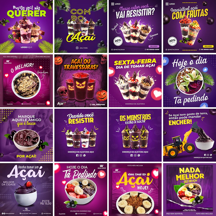 42 Artes Mídias Sociais Açaí Editáveis Photoshop 2