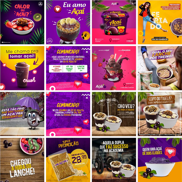 120 Artes Mídias Sociais Açaí Editáveis Photoshop 1