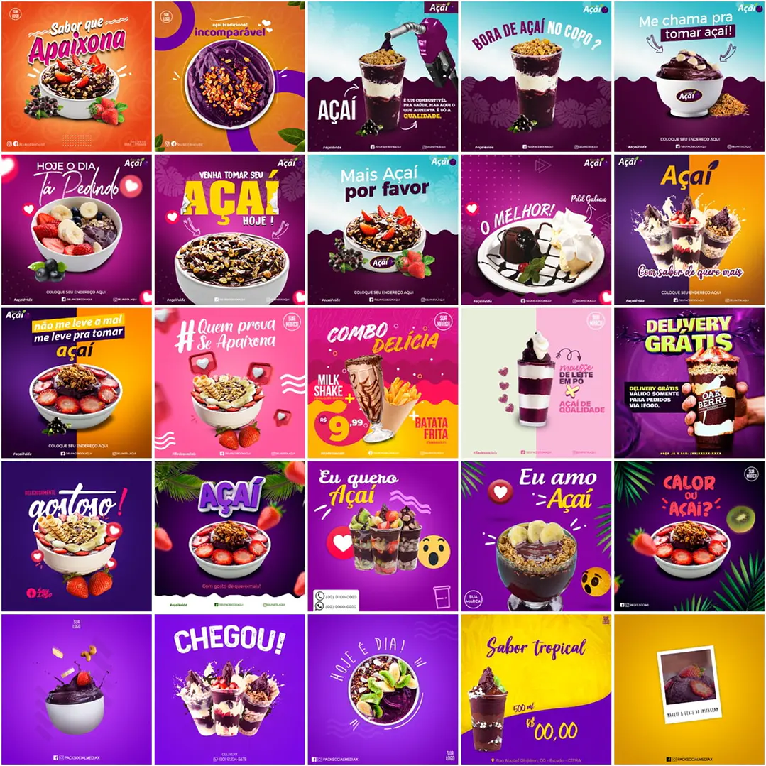 225 Artes Mídias Sociais Açaí Editáveis Photoshop 1