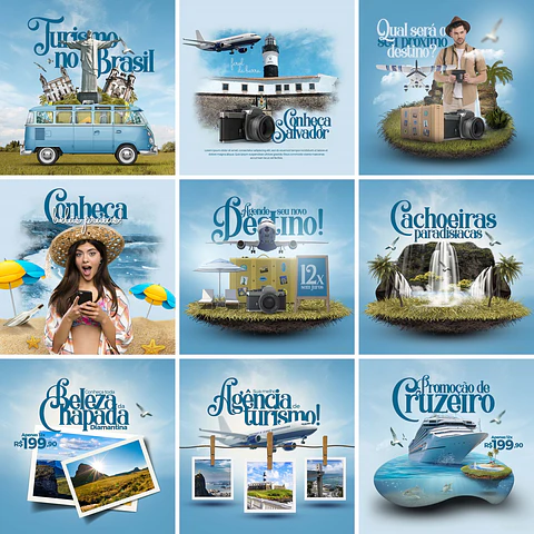 10 Artes Mídias Sociais Agência de Viagens Turismo Editáveis Photoshop