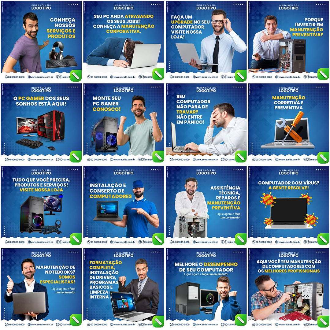 50 Artes Mídias Sociais Manutenção Informática Editáveis Corel Draw 2