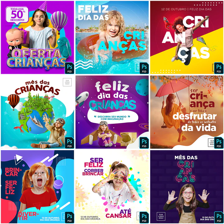30 Artes Mídias Sociais Dia das Crianças Editáveis Photoshop 2