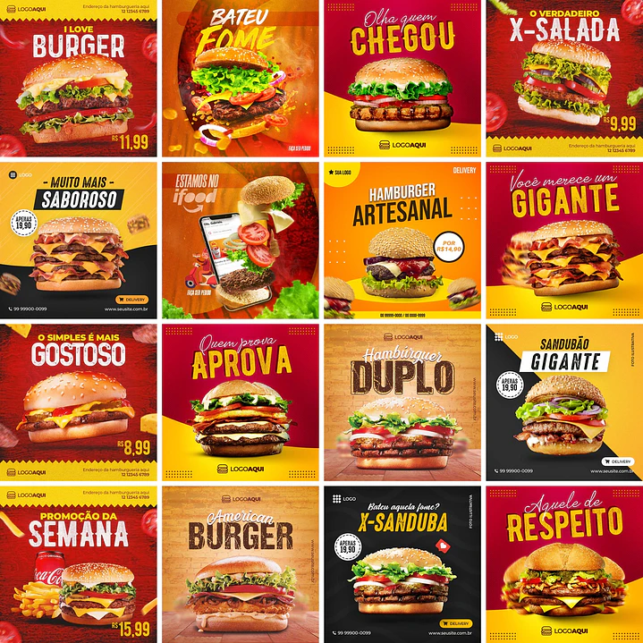 52 Artes Mídias Sociais Hamburgueria Editáveis Photoshop 1