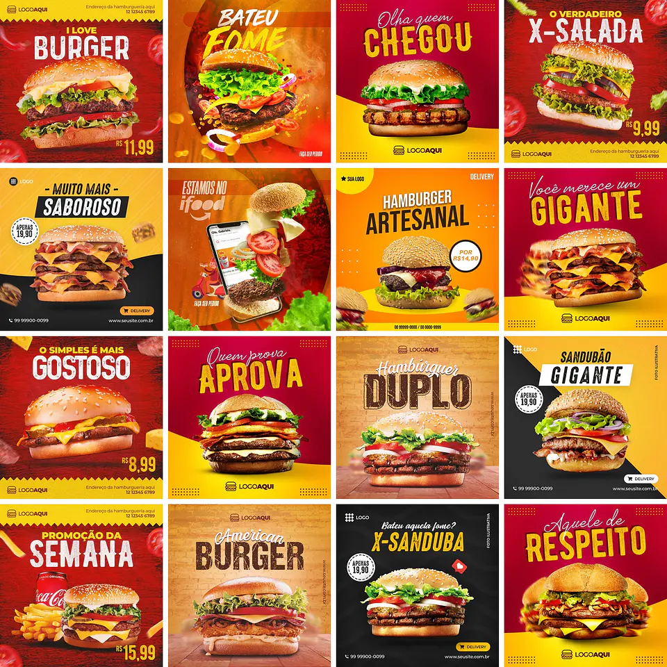 52 Artes Mídias Sociais Hamburgueria Editáveis Photoshop 1