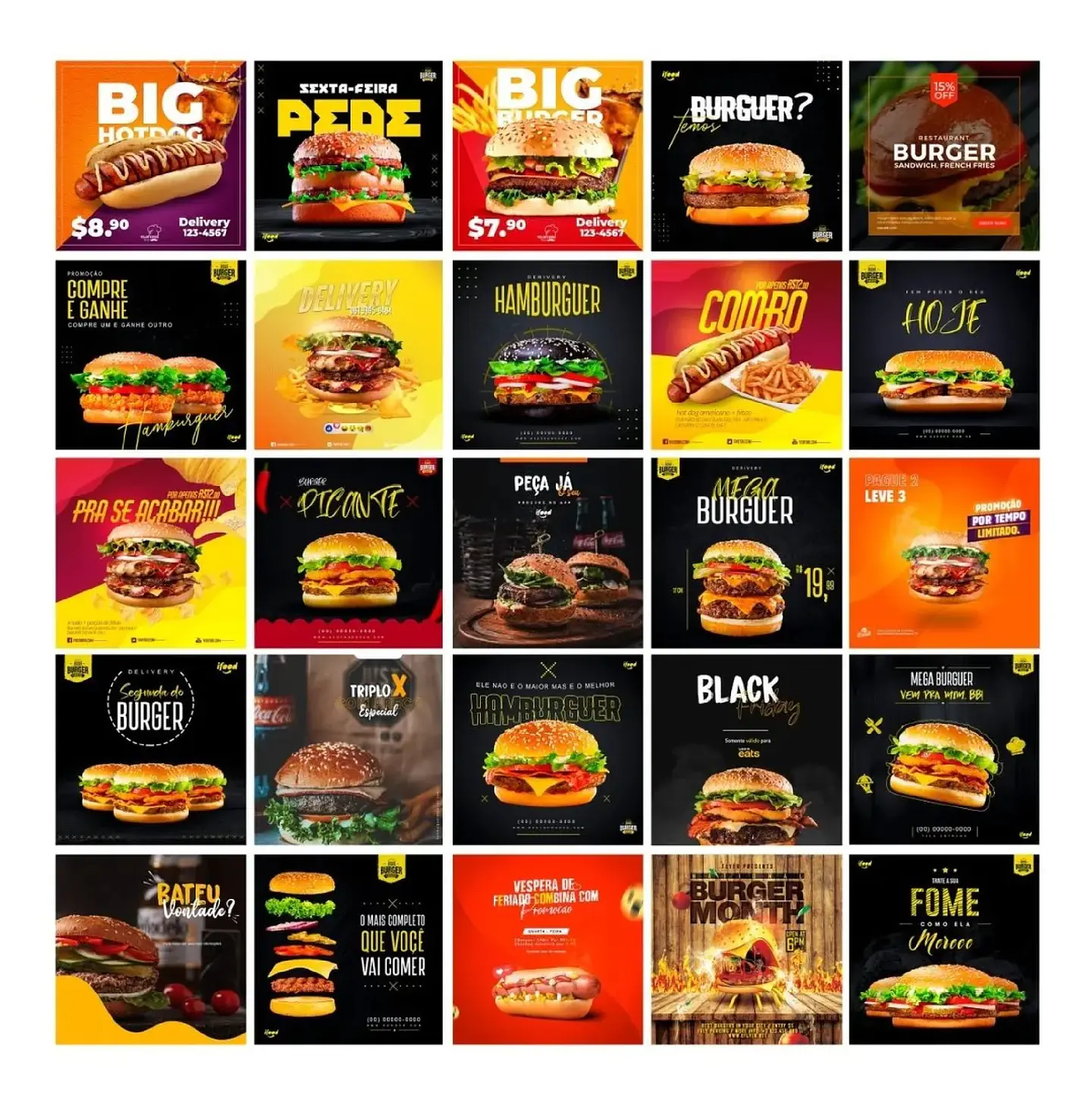 110 Artes Mídias Sociais Hamburgueria Editáveis Photoshop 1