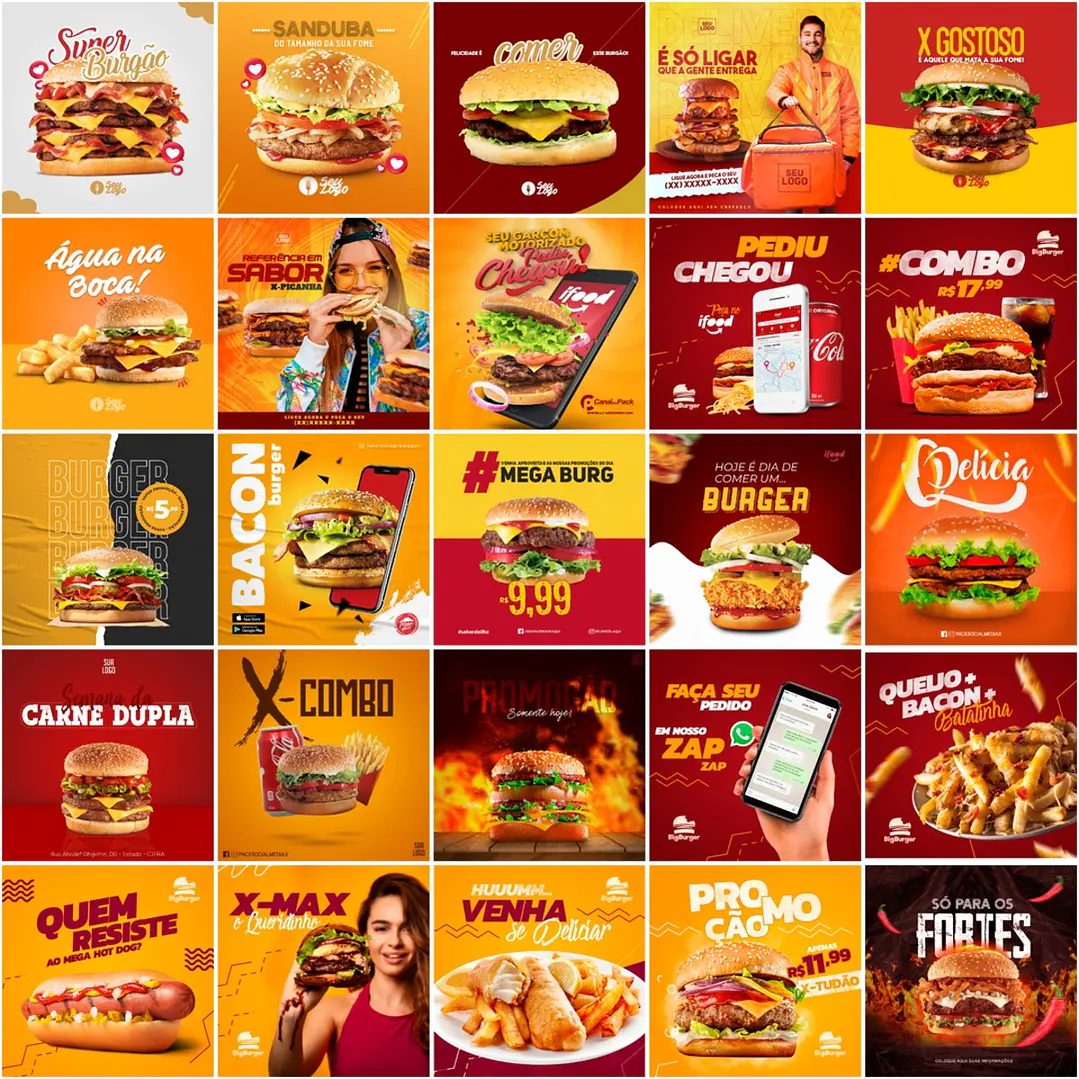 400 Artes Mídias Sociais Hamburgueria Editáveis Photoshop 1