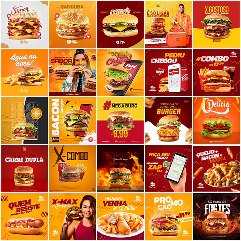 400 Artes Mídias Sociais Hamburgueria Editáveis Photoshop