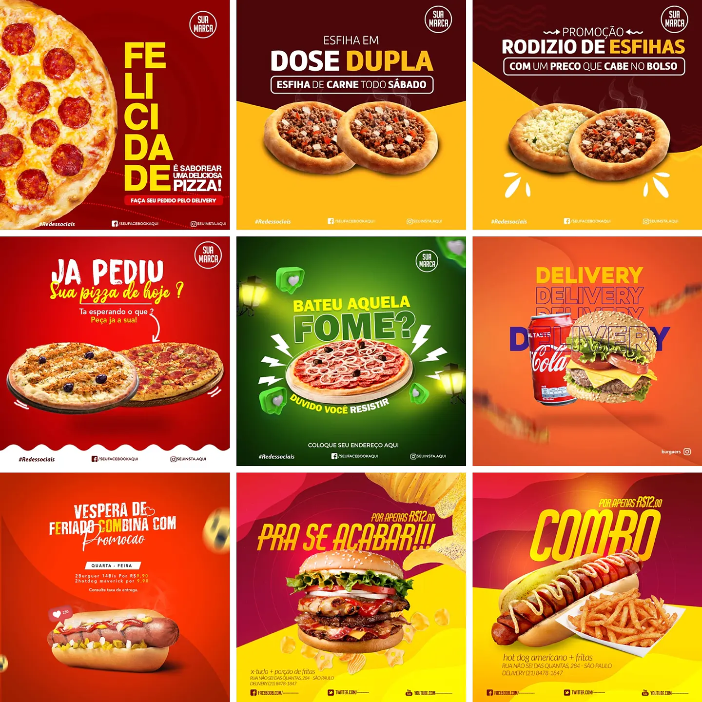 Mini Pack Artes Mídias Sociais Pizzaria, Açai e Lanches Editáveis Photoshop 3