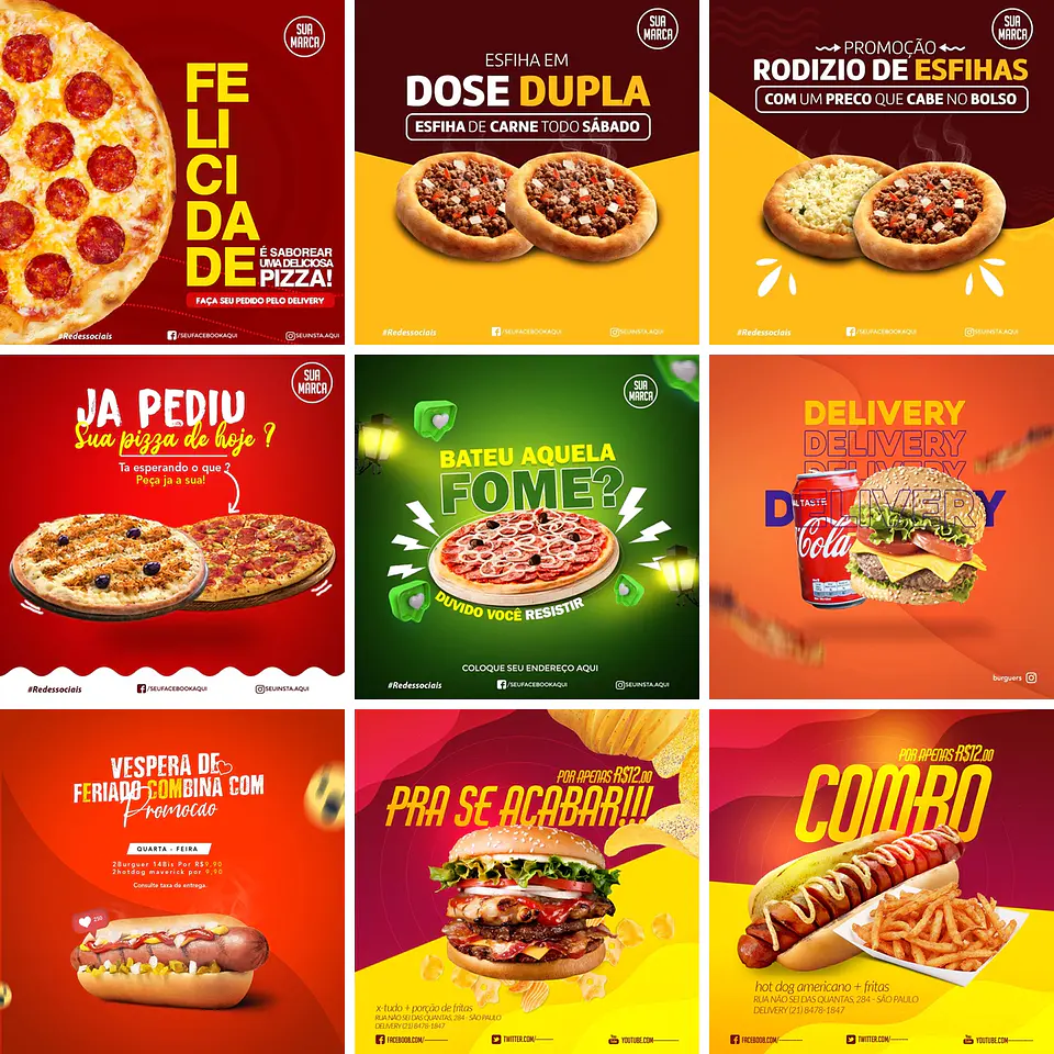 Mini Pack Artes Mídias Sociais Pizzaria, Açai e Lanches Editáveis Photoshop 3