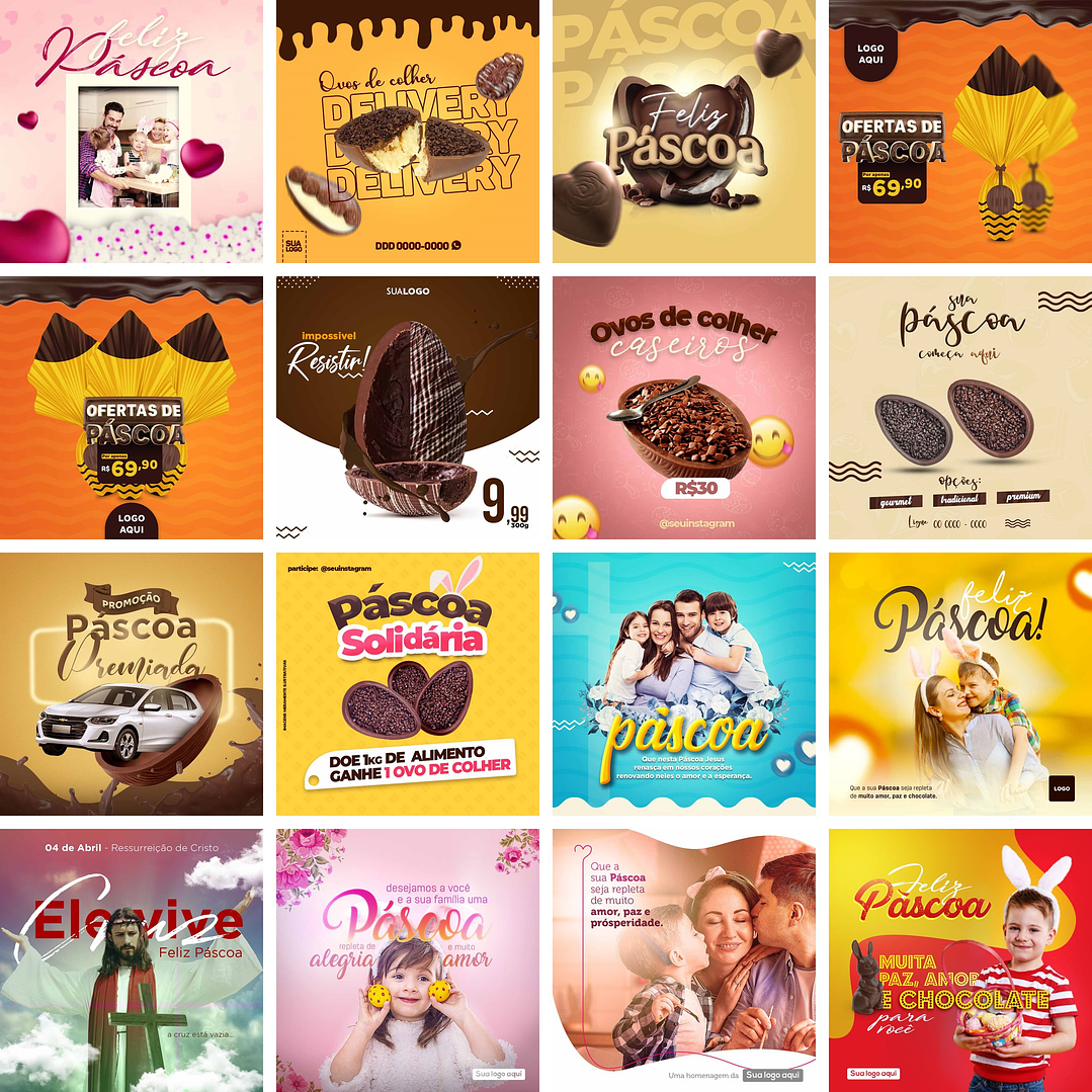 140 Artes Mídias Sociais Pascoa Editáveis Photoshop + Png 3