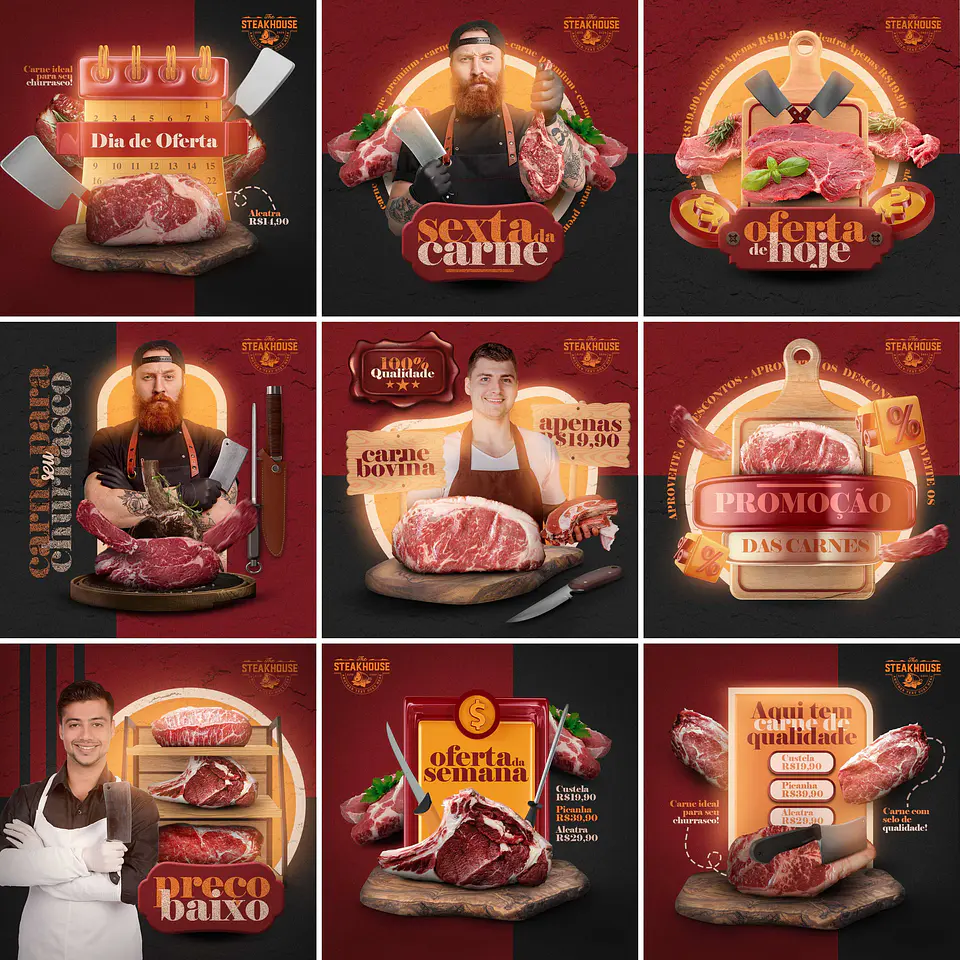 10 Artes Mídias Sociais Açougue Carnes Editáveis Photoshop + Png 1