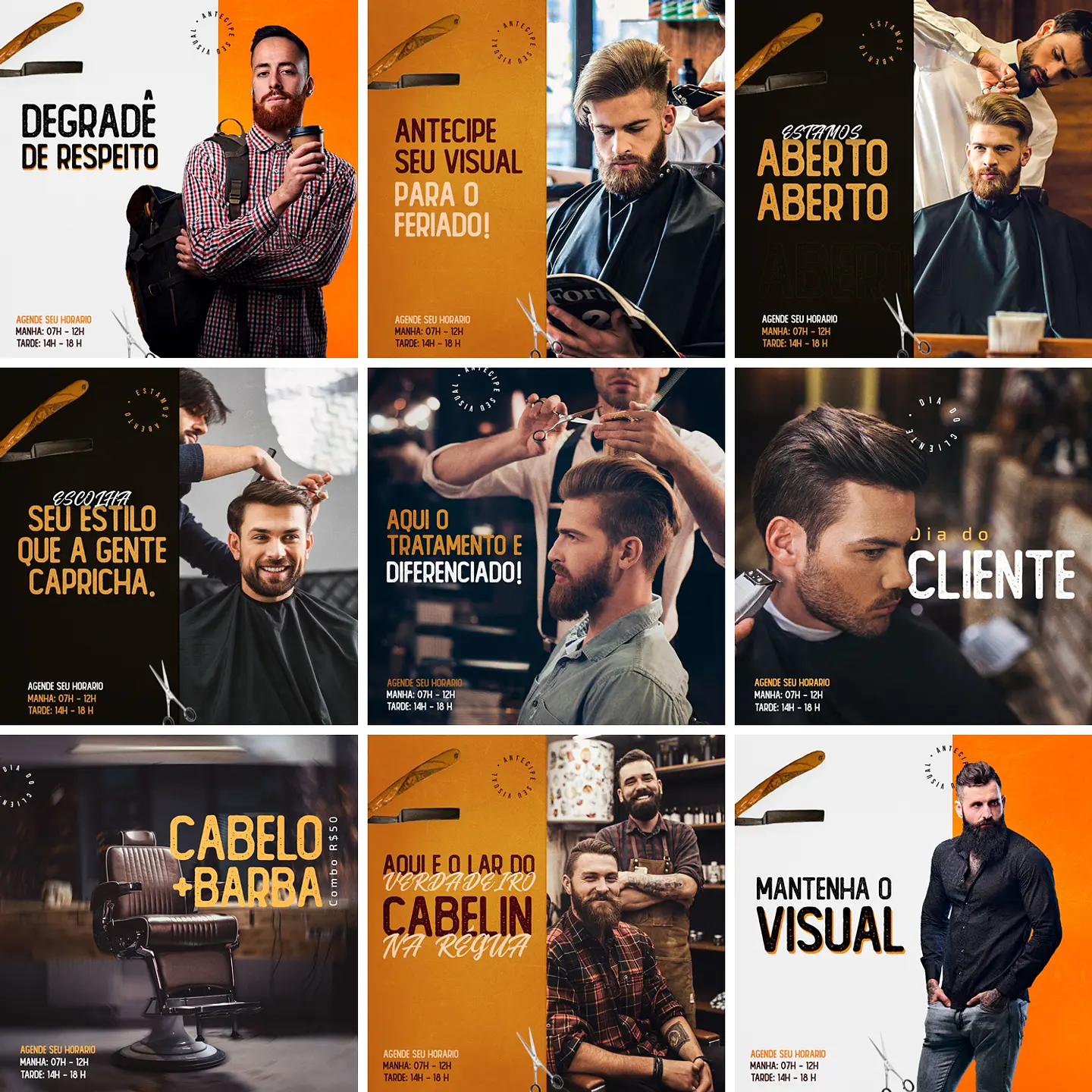 20 Artes Mídias Sociais Cabeleireiro Barbearia Salão Corte Cabelo Editáveis Photoshop + Png 1