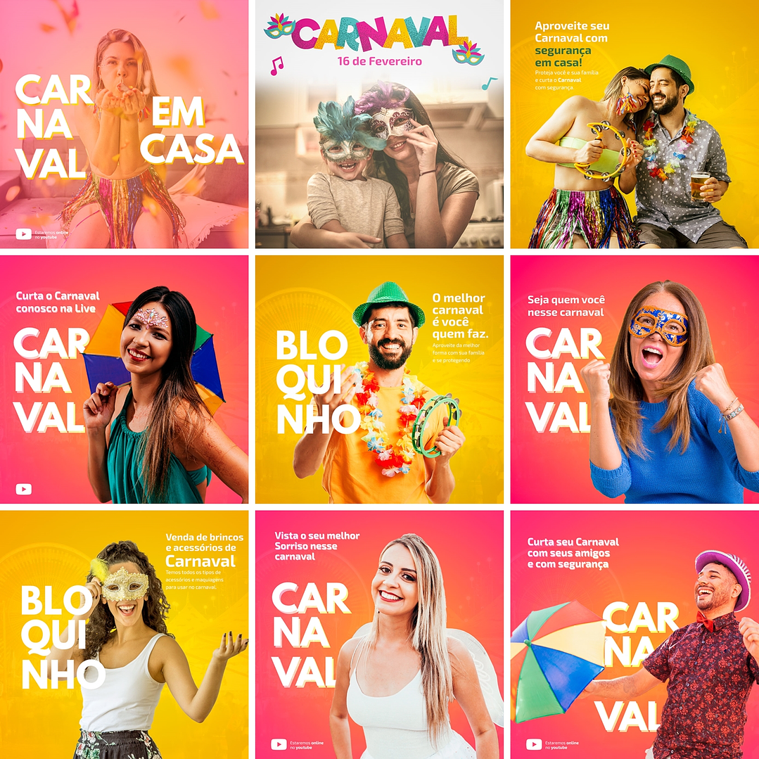 20 Artes Mídias Sociais Festa Carnaval Folia Editáveis Photoshop + Png 1