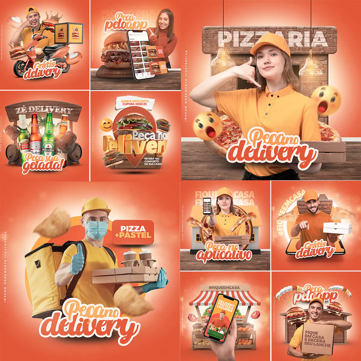 10 Artes Mídias Sociais Entregador Lanches Delivery Editáveis Photoshop + Png 1