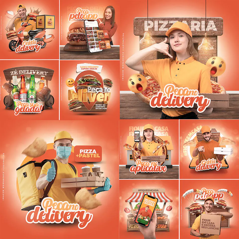 10 Artes Mídias Sociais Entregador Lanches Delivery Editáveis Photoshop + Png 1