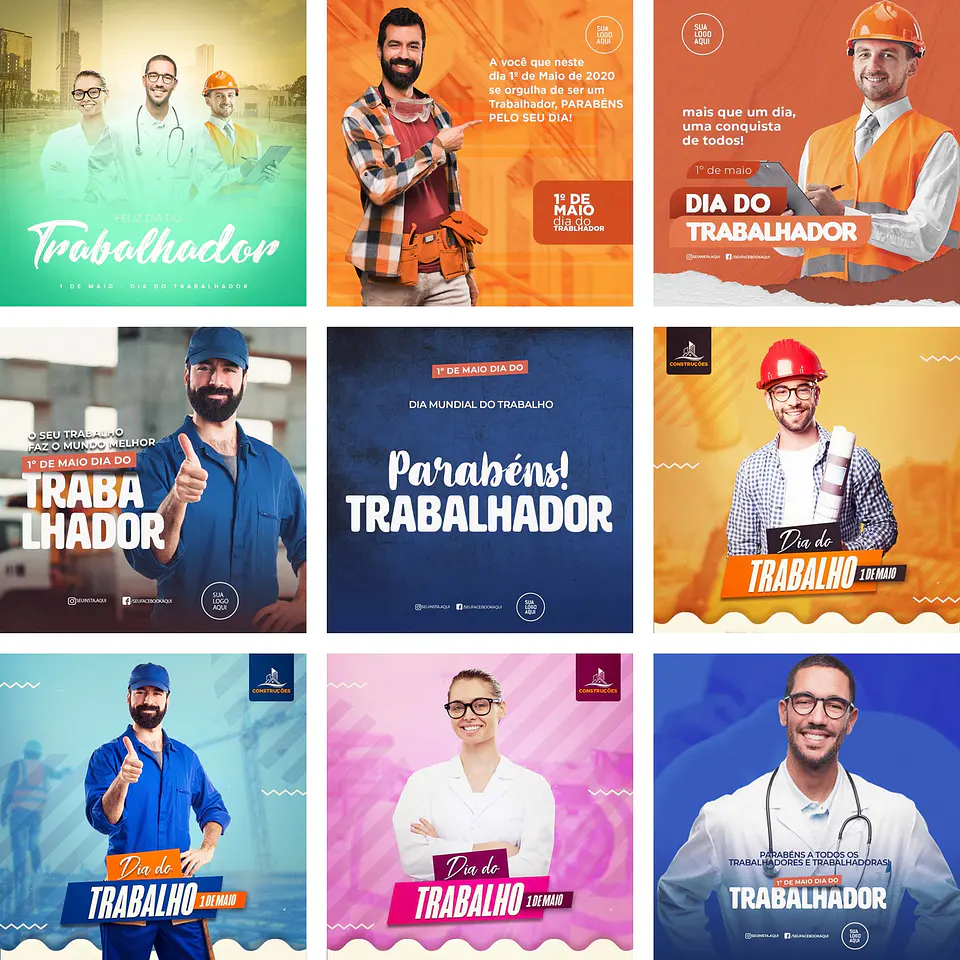10 Artes Mídias Sociais Dia do Trabalhador Trabalho Editáveis Photoshop + Png 1