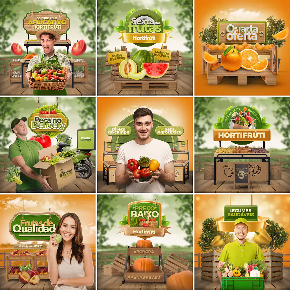 20 Artes Mídias Sociais Hortifruti Editáveis Photoshop + Png 1