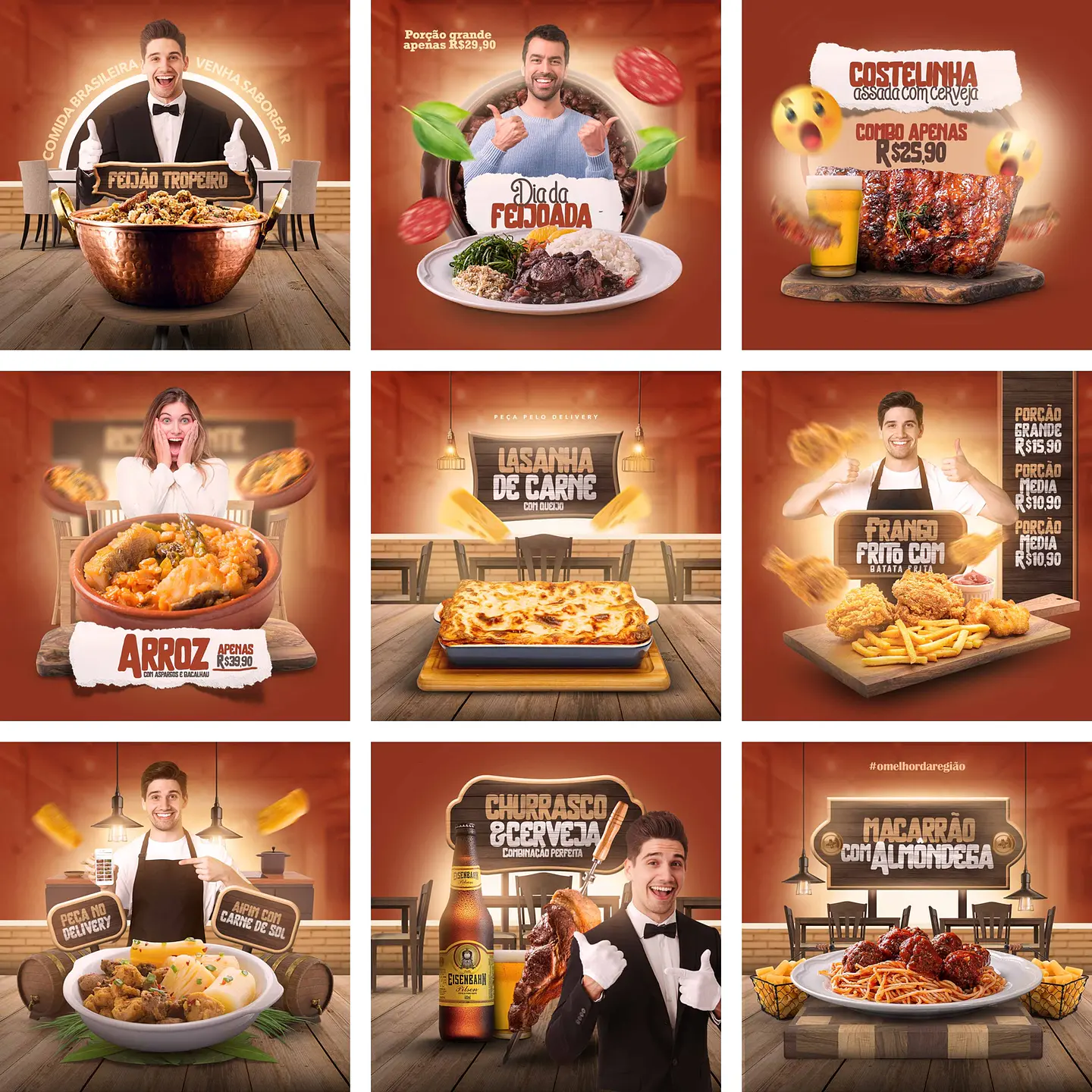 10 Artes Mídias Sociais Restaurante Comida Editáveis Photoshop + Png 1