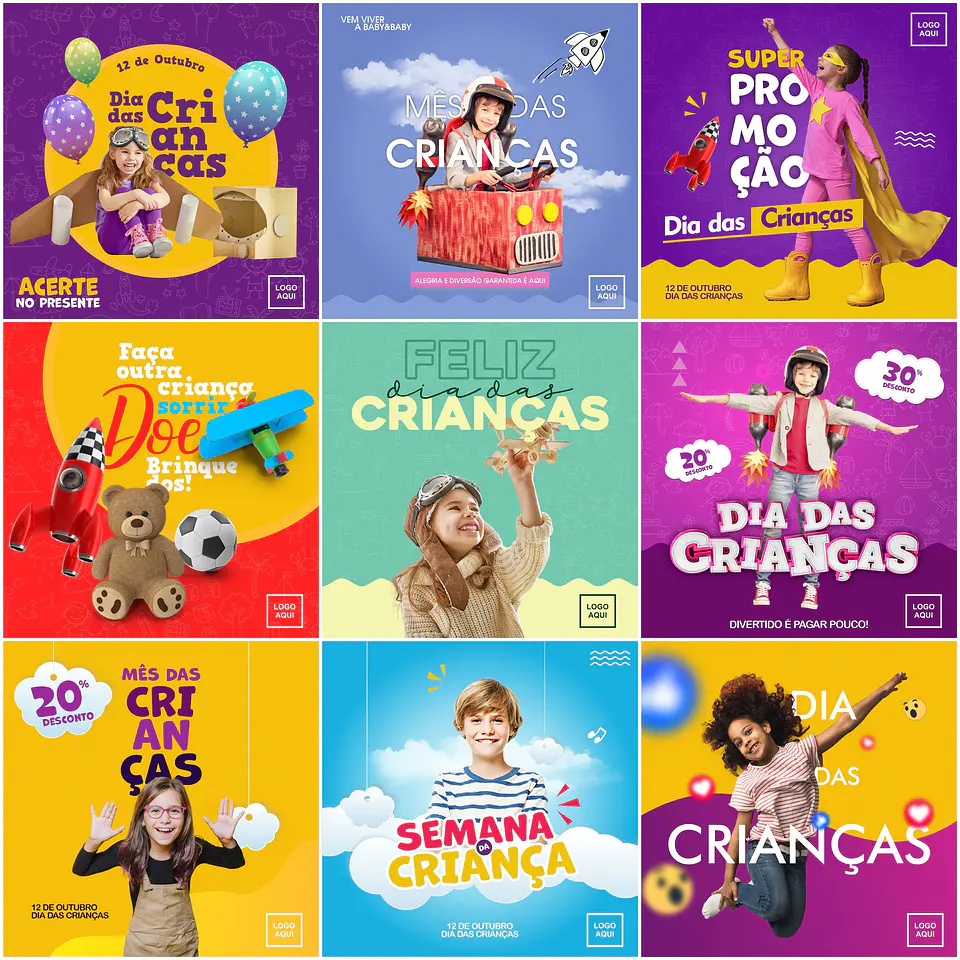 20 Artes Mídias Sociais Dia das Crianças Editáveis Corel Draw + Png 1