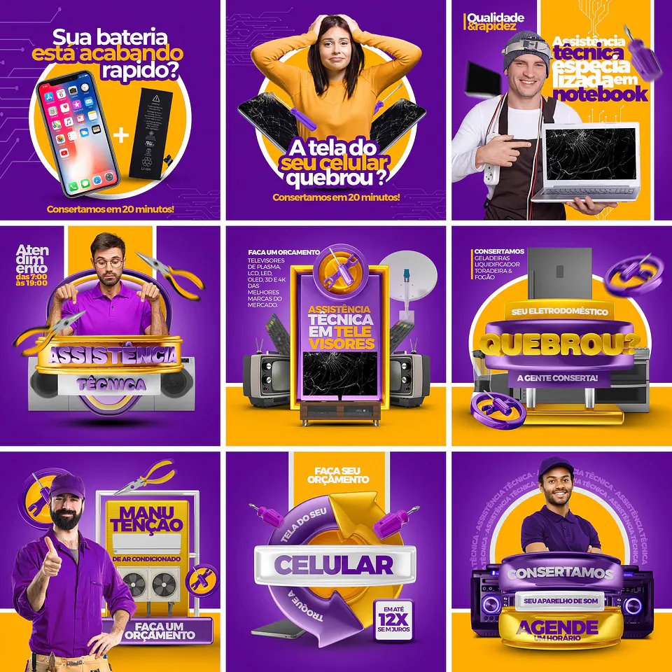 12 Artes Mídias Sociais Assistência Técnica Editáveis Photoshop + Png 1
