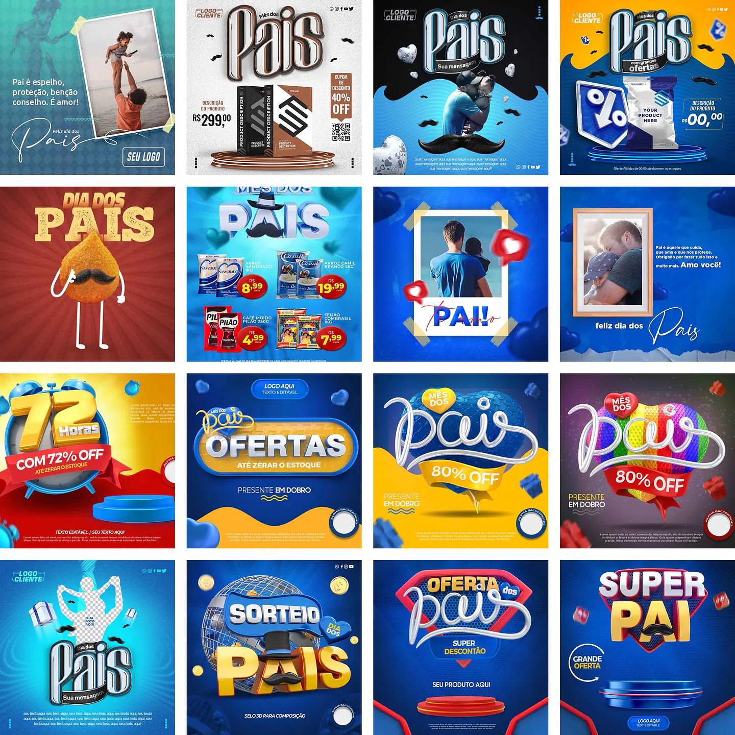 60 Artes Mídias Sociais Dia dos Pais Editáveis Photoshop + Png 3