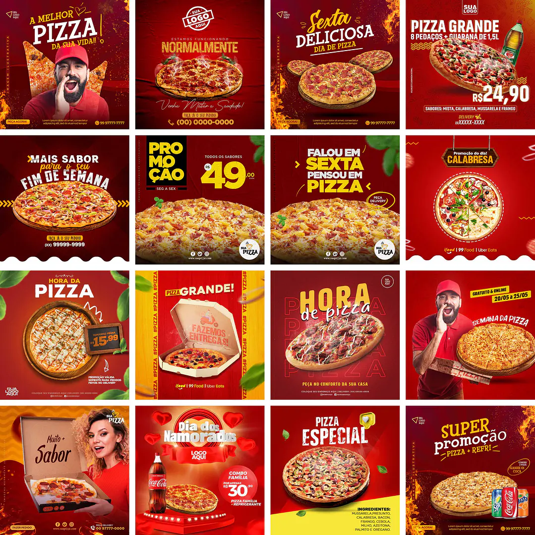 96 Artes Mídias Sociais Pizzaria 4.0 Editáveis Photoshop + Png 1