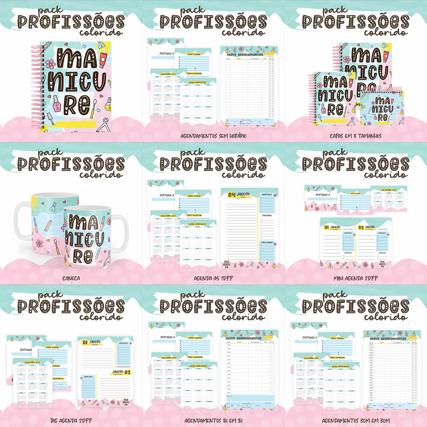 Pacote Artes para Agendas Caneca Colorida Manicure 2022 Arquivos Pdf Jpge 1