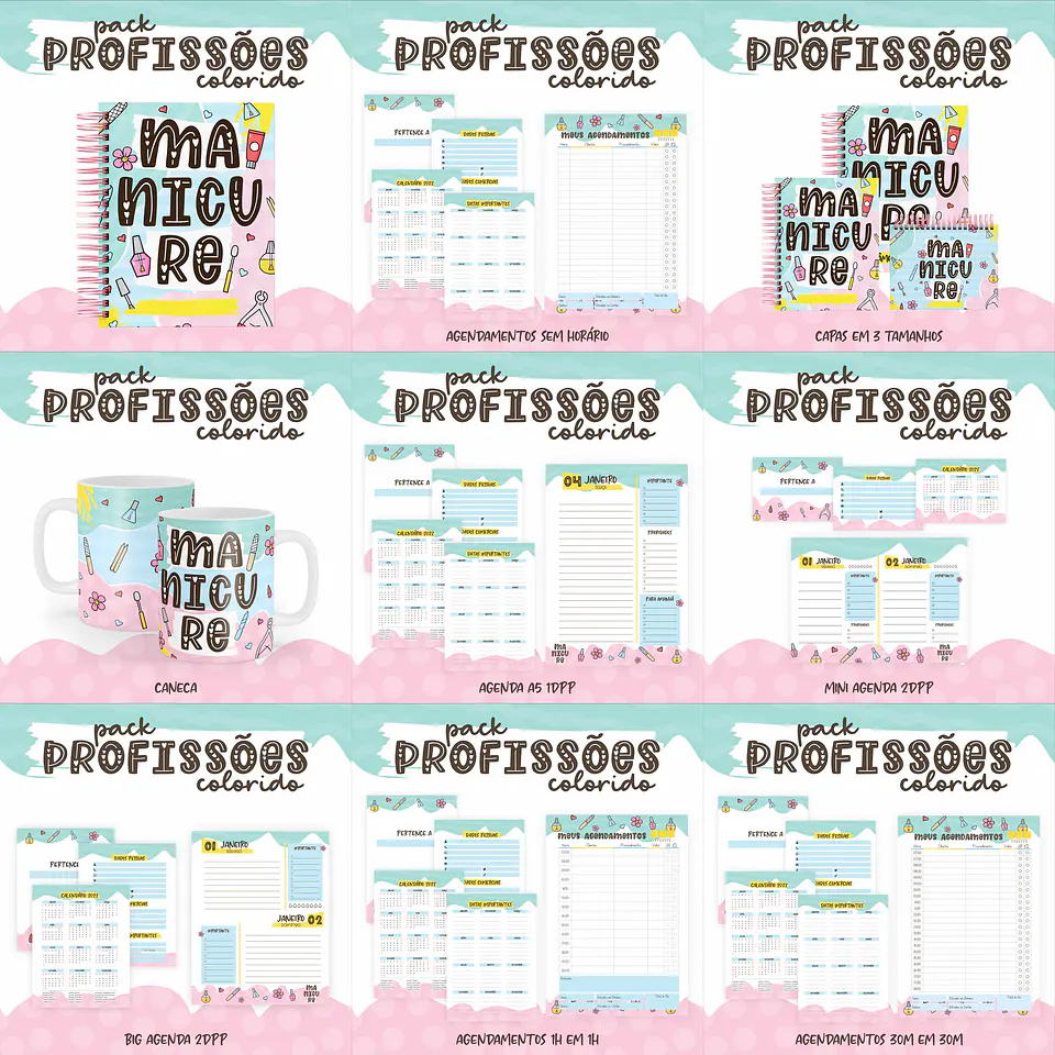 Pacote Artes para Agendas Caneca Colorida Manicure 2022 Arquivos Pdf Jpge 1