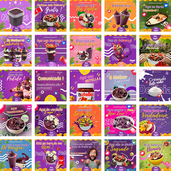 Pack Canva Açaí Templates Editáveis 200 Artes + Bônus 3
