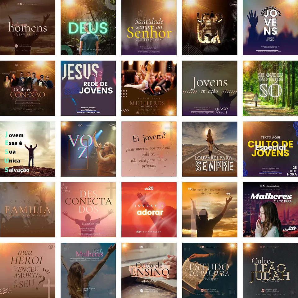 Pack Canva Gospel Culto Templates Editáveis 50 Artes + Bônus 1