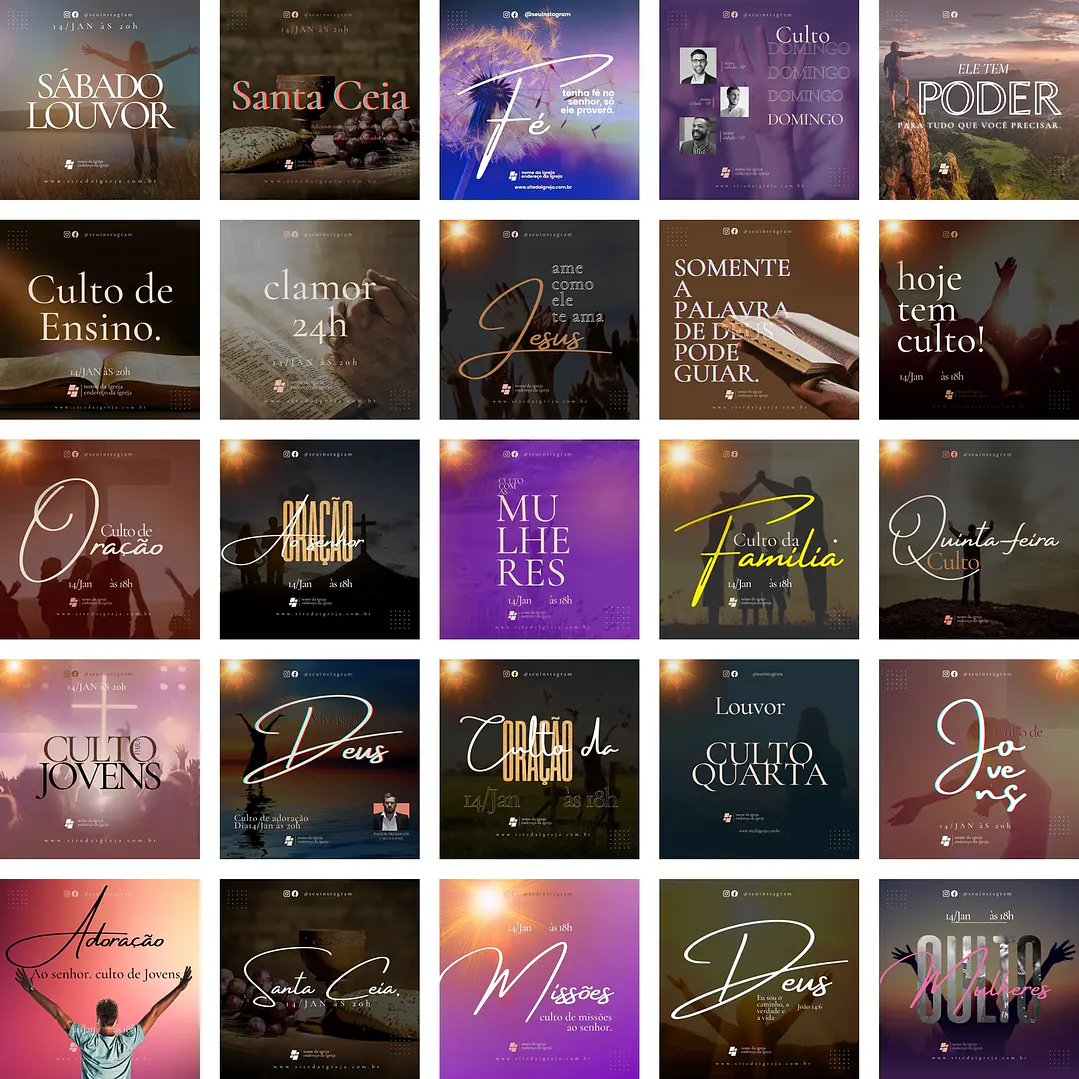 Pack Canva Gospel Culto Templates Editáveis 50 Artes + Bônus 2