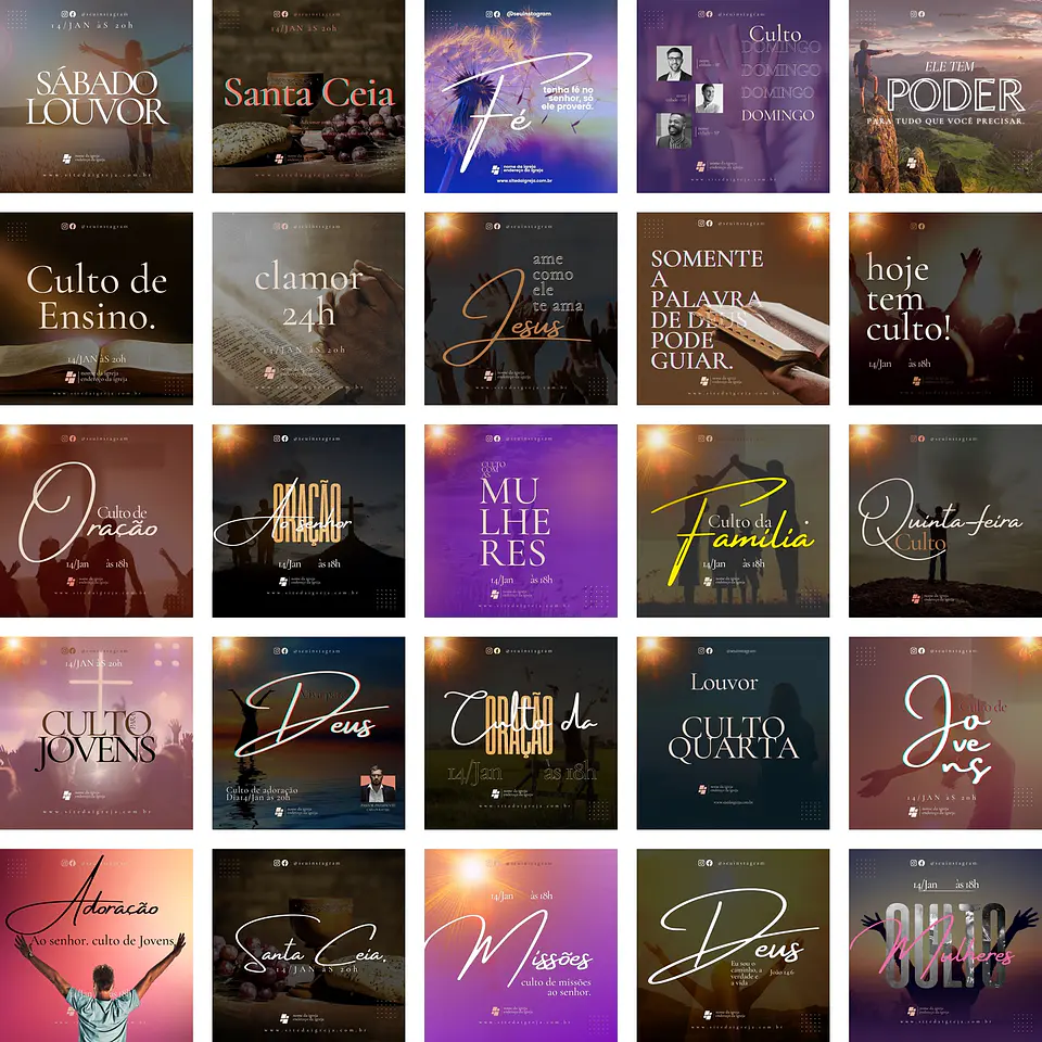 Pack Canva Gospel Culto Templates Editáveis 50 Artes + Bônus 2