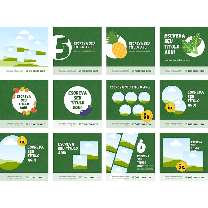 Pack Canva Hortifruti Sacolão Feira Templates Editáveis 12 Artes + Bônus 1