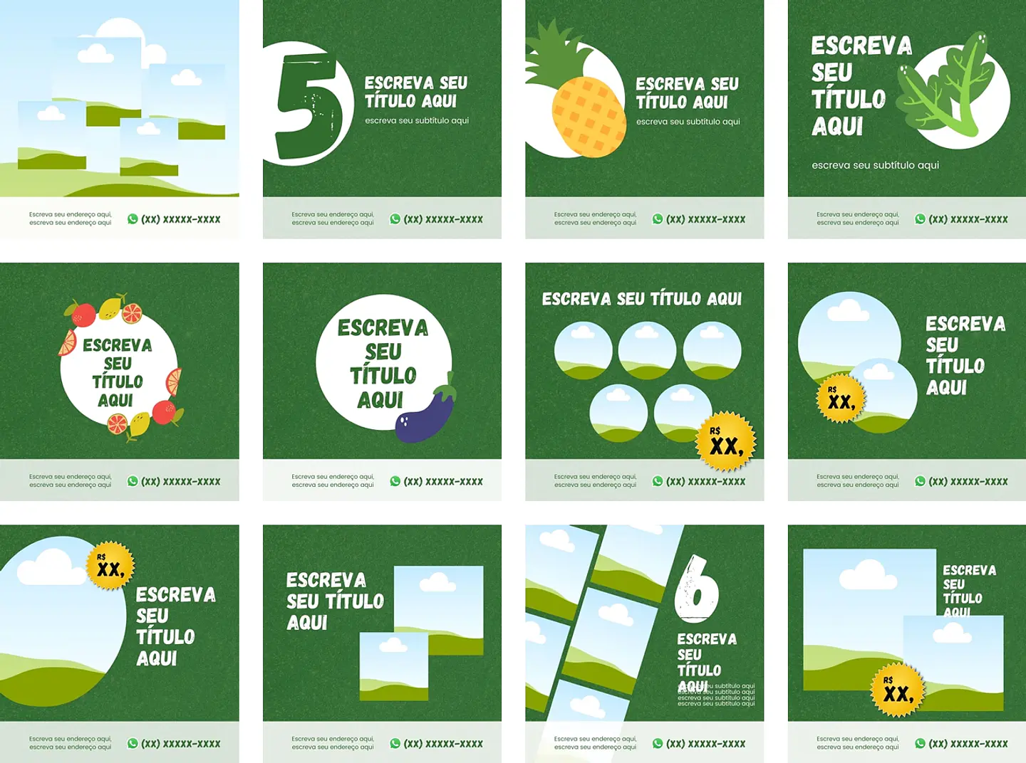 Pack Canva Hortifruti Sacolão Feira Templates Editáveis 12 Artes + Bônus 1
