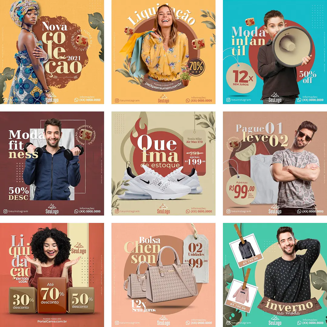 Pack Canva Loja de Roupas Templates Editáveis 10 Artes + Bônus 1