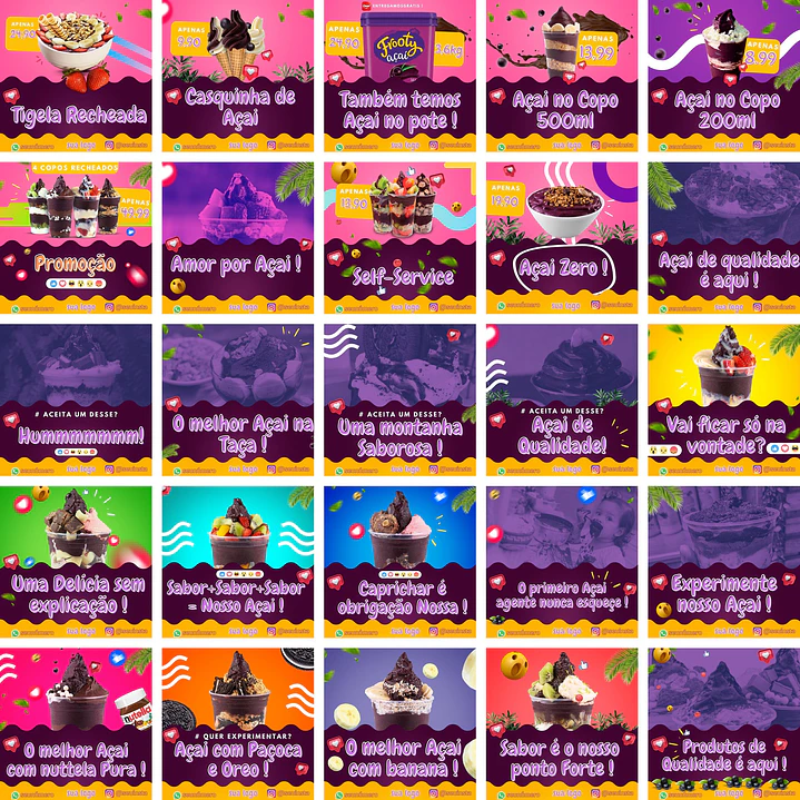 Pack Canva Açaí 3.0 Templates Editáveis 50 Artes + Bônus 1