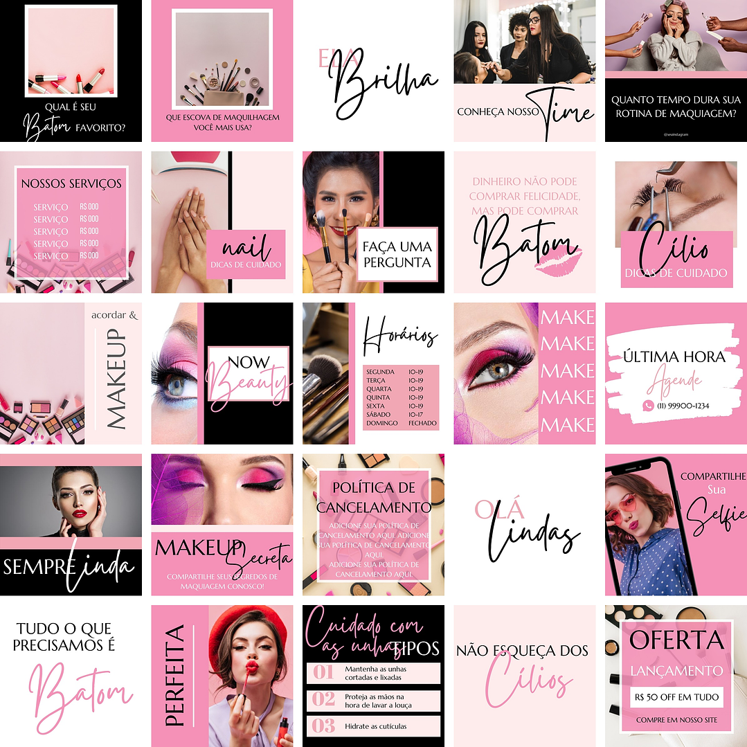 Pack Canva Maquiagem Makeup Templates Editáveis 25 Artes + Bônus 1