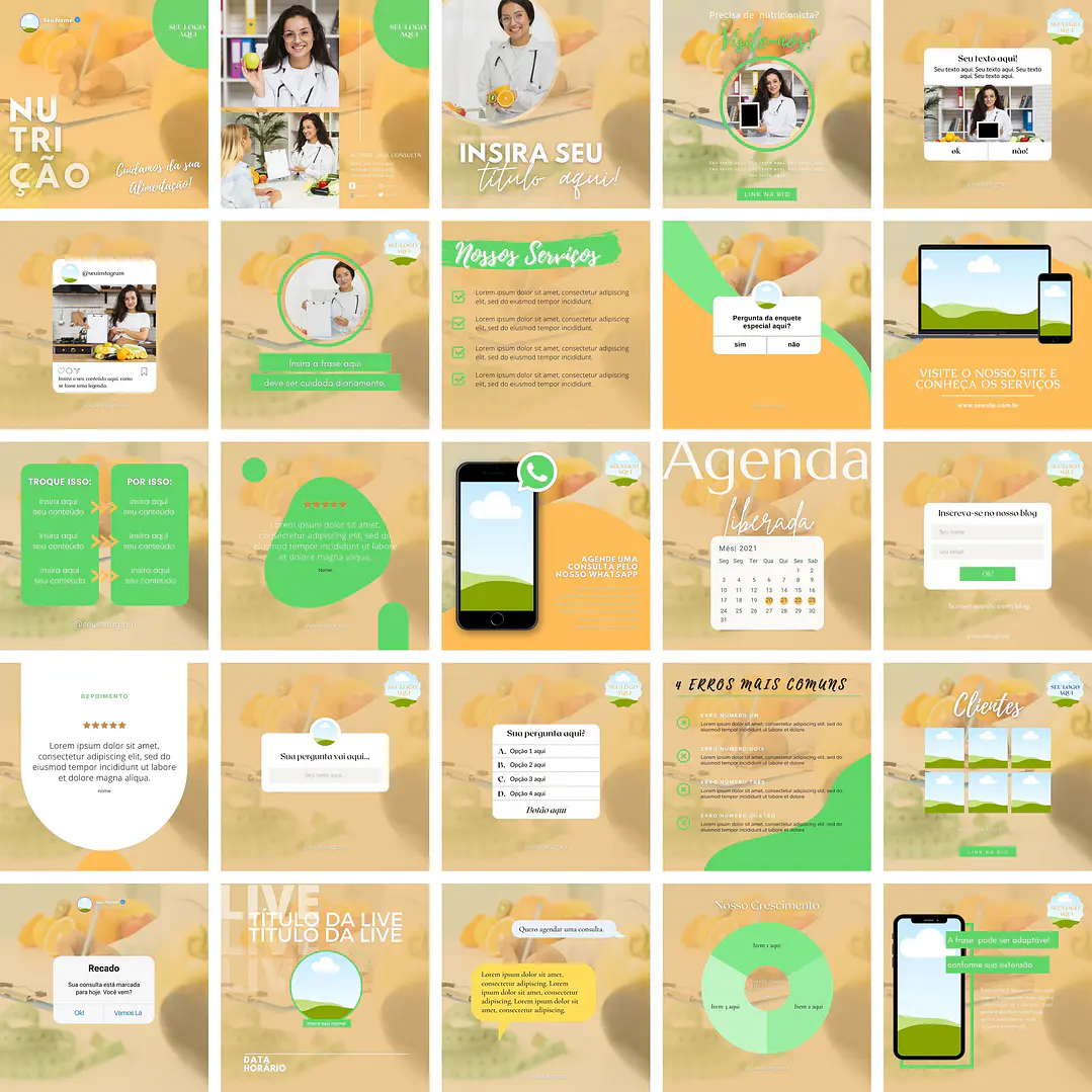Pack Canva Nutrição Nutricionista Templates Editáveis 25 Artes + Bônus 1