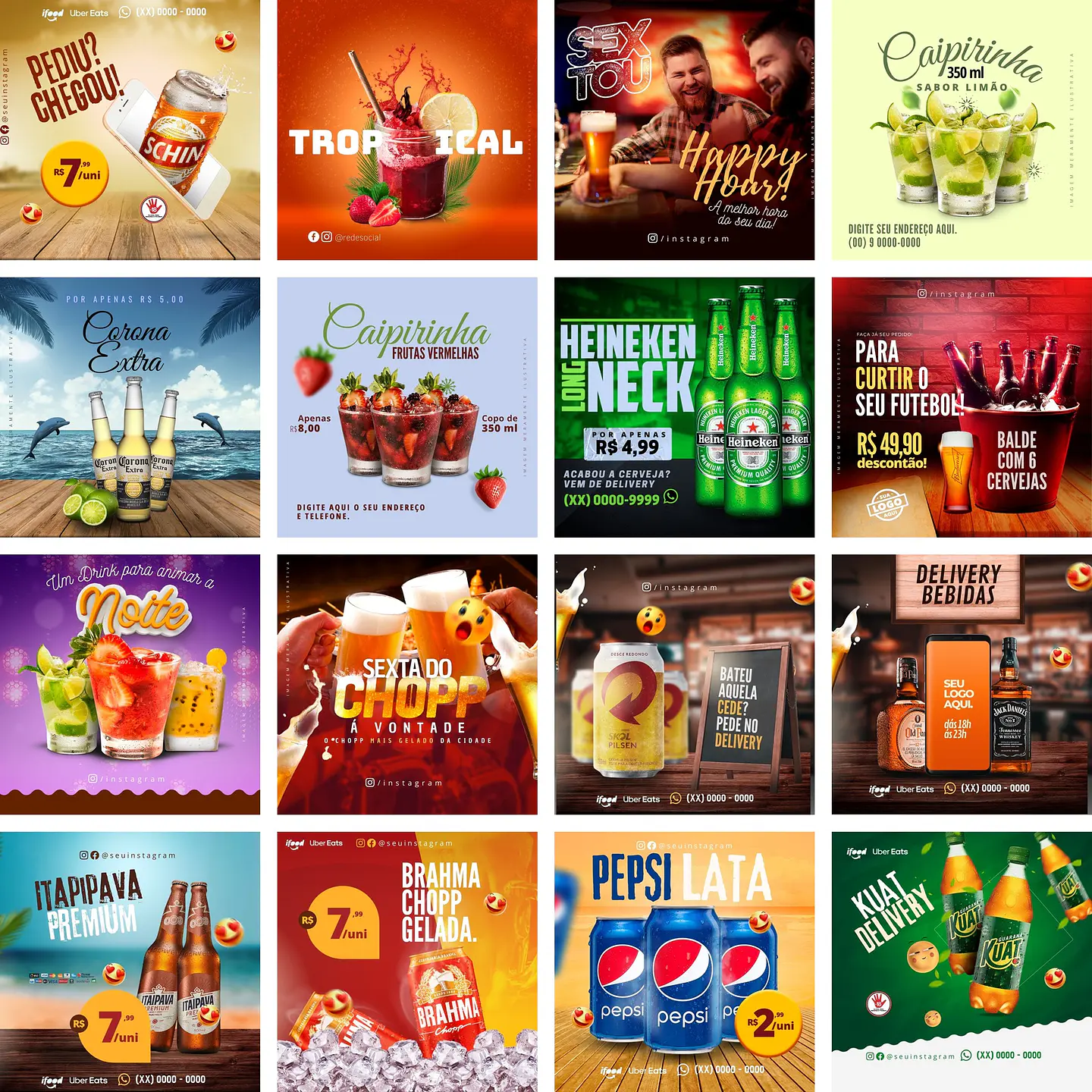 Pack Canva Distribuidora de Bebidas Bar Templates Editáveis 20 Artes + Bônus 1