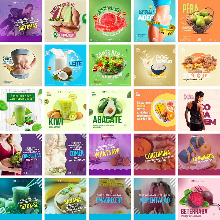Pack Canva Nutricionista Nutrição Templates Editáveis 25 Artes + Bônus 1