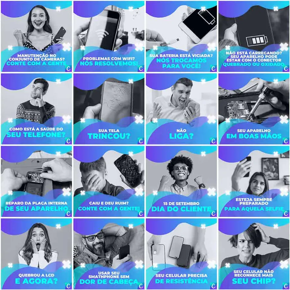 Pack Canva Assistência Técnica Celular Templates Editáveis 200 Artes + Legendas 11