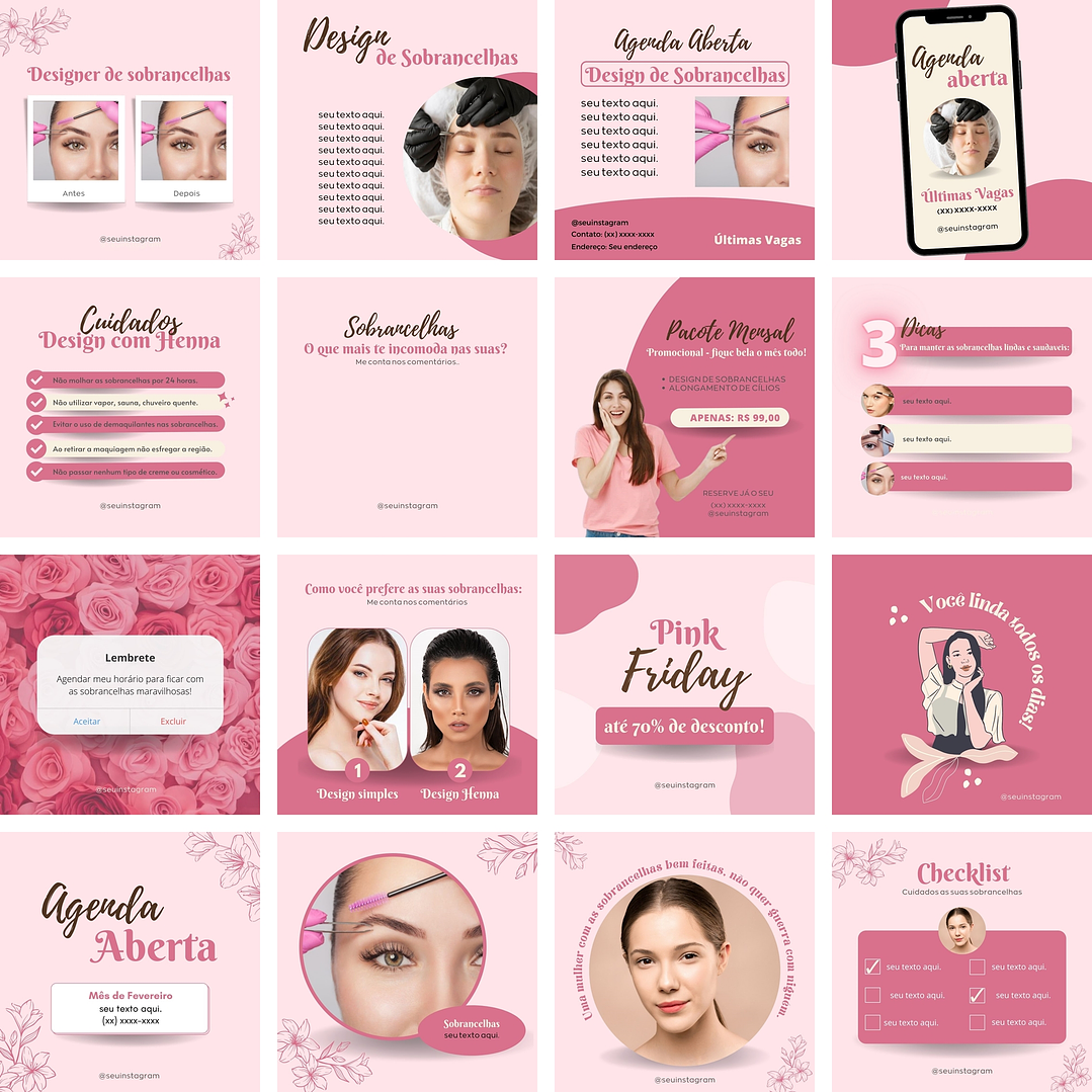 Pack Canva Design de Sobrancelhas Templates Editáveis 70 Artes + Bônus 1