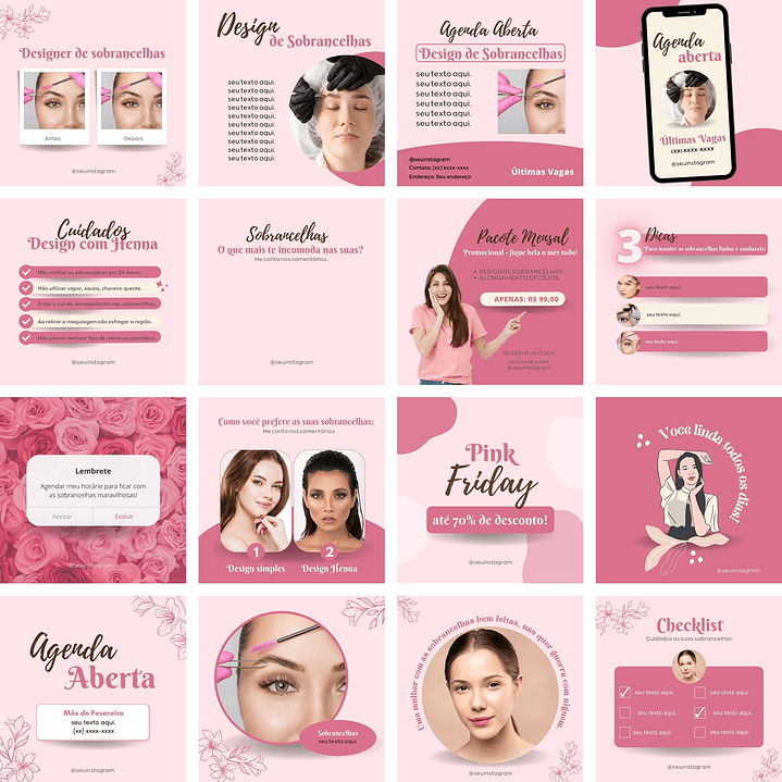 Pack Canva Design de Sobrancelhas Templates Editáveis 70 Artes + Bônus 1