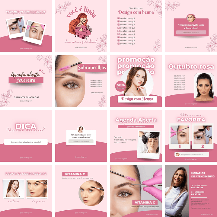 Pack Canva Design de Sobrancelhas Templates Editáveis 70 Artes + Bônus 2