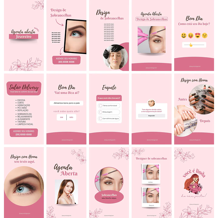 Pack Canva Design de Sobrancelhas Templates Editáveis 70 Artes + Bônus 3